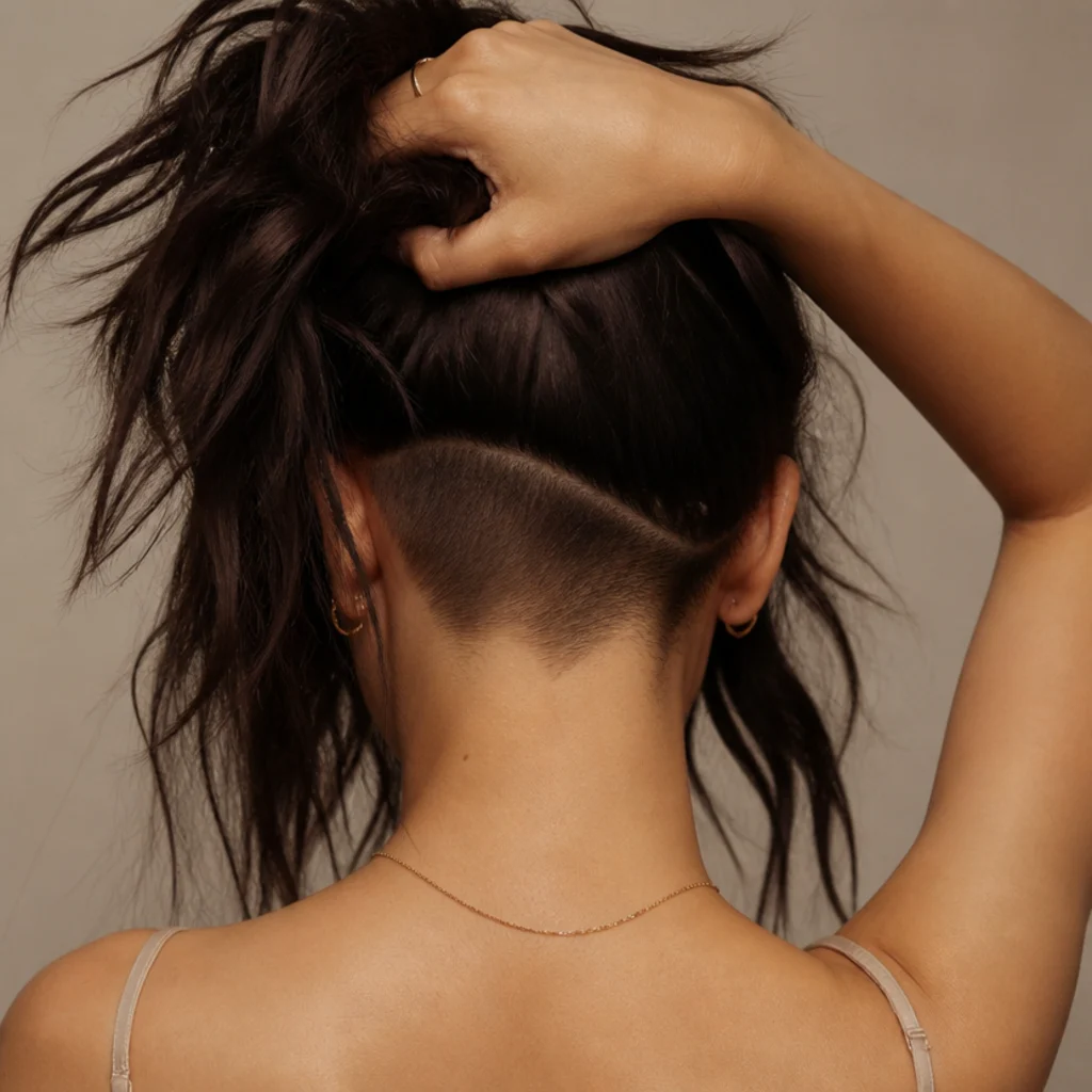 Back view of a woman with an edgy choppy shag revealing a subtle undercut at the nape, textured dark layers