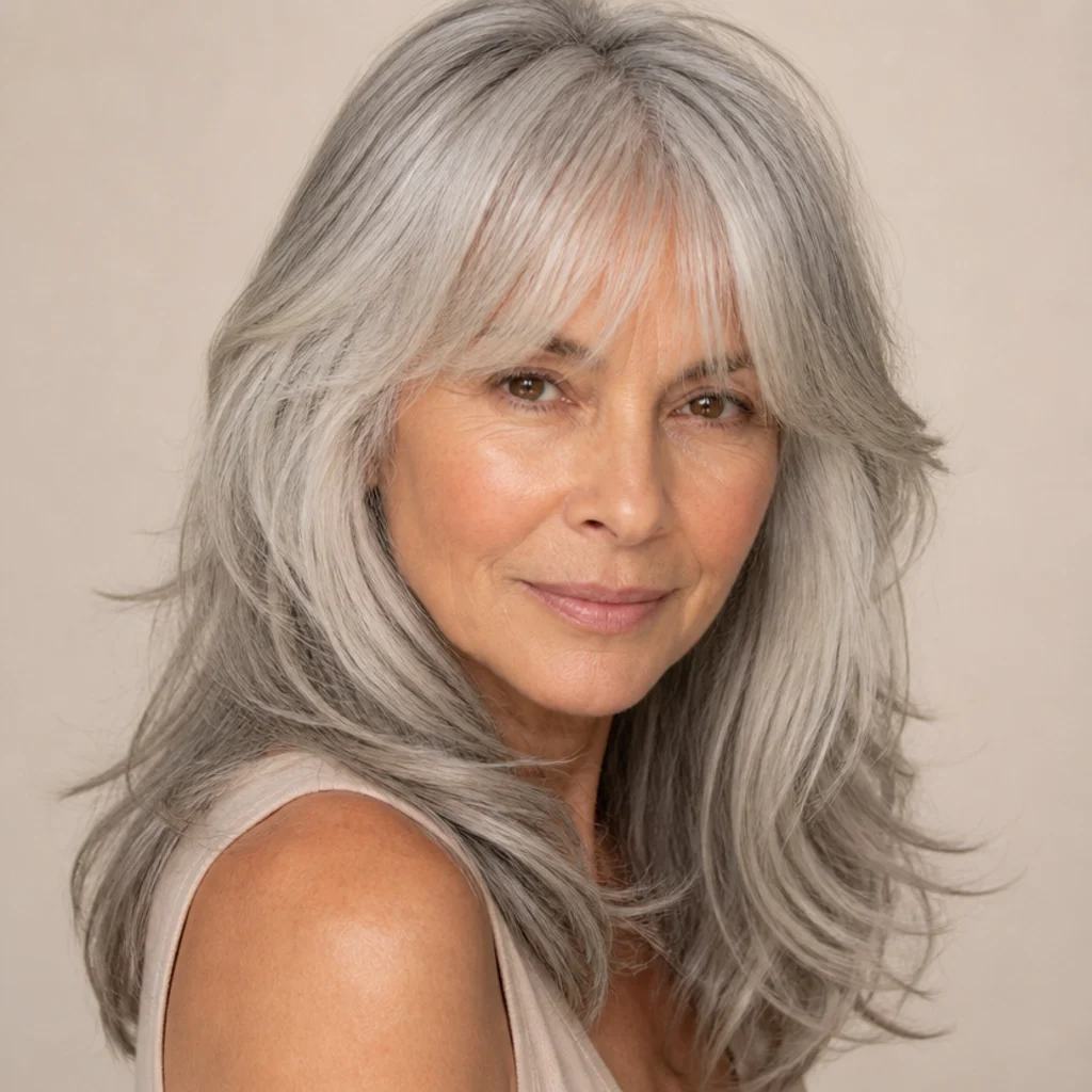 Three-quarter view of a mature woman with a silver long shag, feathered layers and a soft fringe on cool gray hair