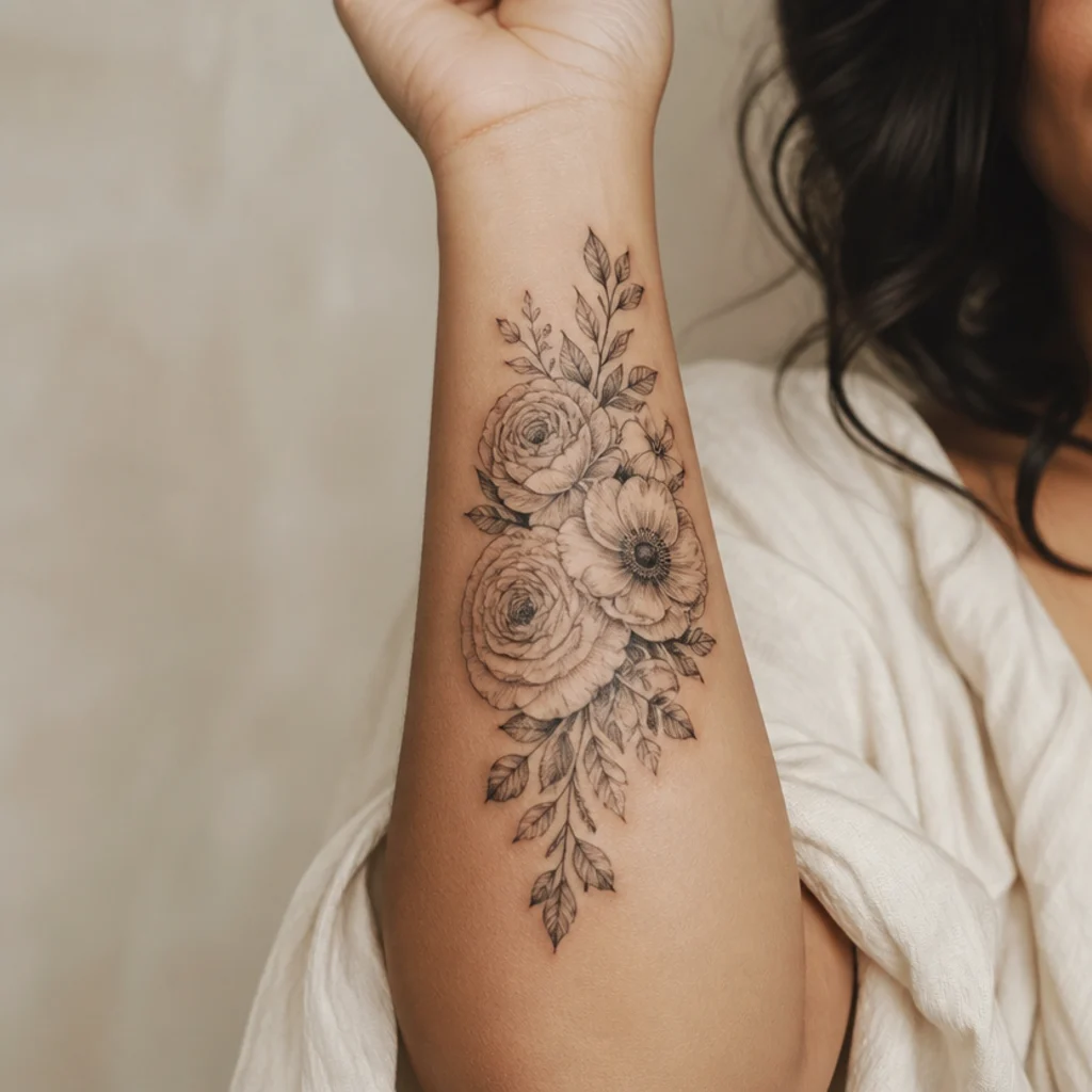 Fine-line and soft-wash floral bouquet cover-up tattoo of ranunculus and anemones on a woman's inner forearm with layered gray shading