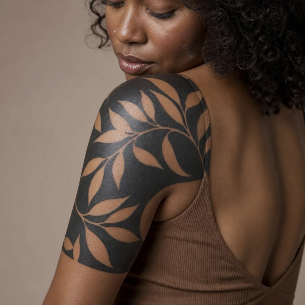 Solid blackwork panel cover-up tattoo with negative-space leaf and geometric shapes on a woman's shoulder