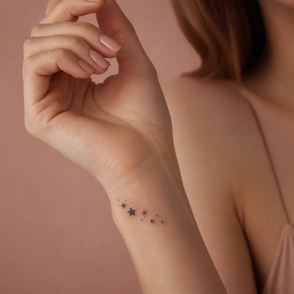 Tiny star cluster cover-up tattoo mixing solid and fine-line stars on a woman's wrist