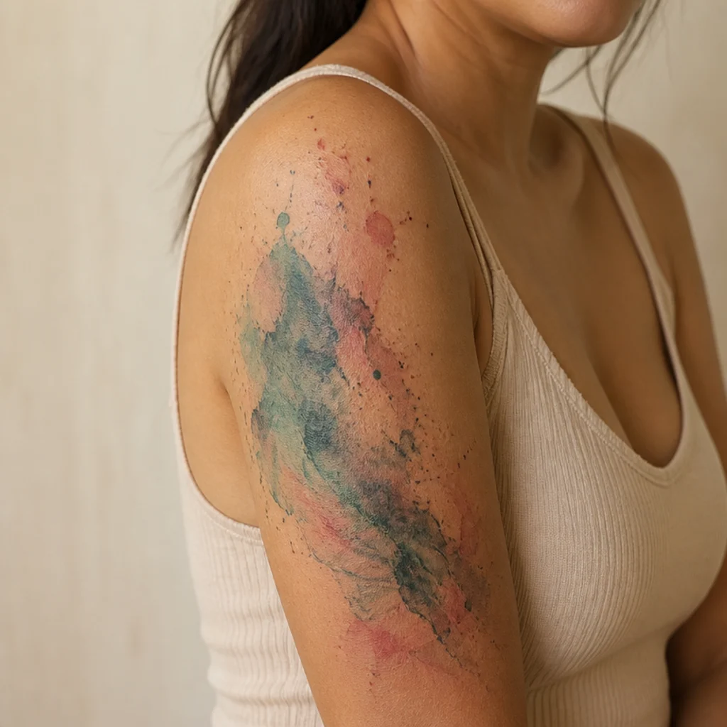 Abstract watercolor wash cover-up tattoo in blush, coral and teal over a soft neutral base on a woman's upper arm