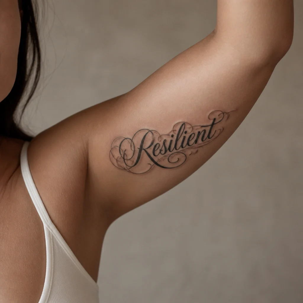 Flourished cursive script cover-up tattoo replacing an old name with a new word on a woman's inner arm