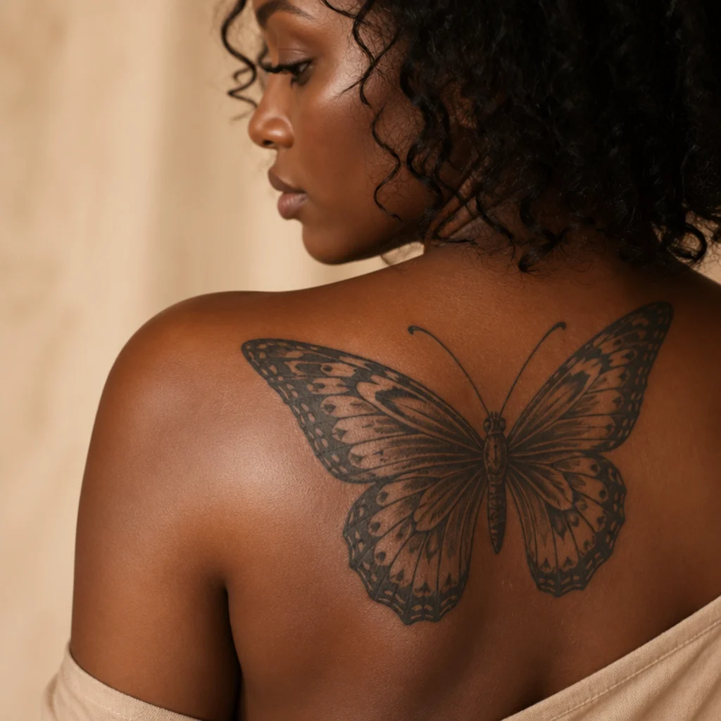 Detailed neo-traditional butterfly cover-up tattoo with layered wing shading and pattern on a woman's shoulder blade
