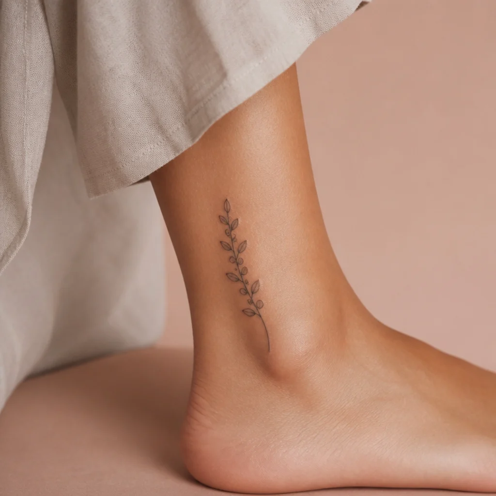 Single fine-line botanical sprig cover-up tattoo with slender eucalyptus leaves on a woman's ankle