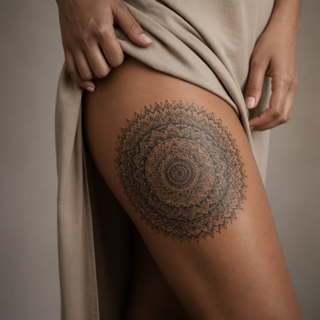 Symmetrical ornamental mandala cover-up tattoo in dense black dotwork and linework on a woman's thigh