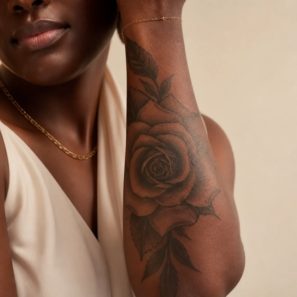Classic black-and-gray rose cover-up tattoo with deep layered petal shading on a woman's forearm