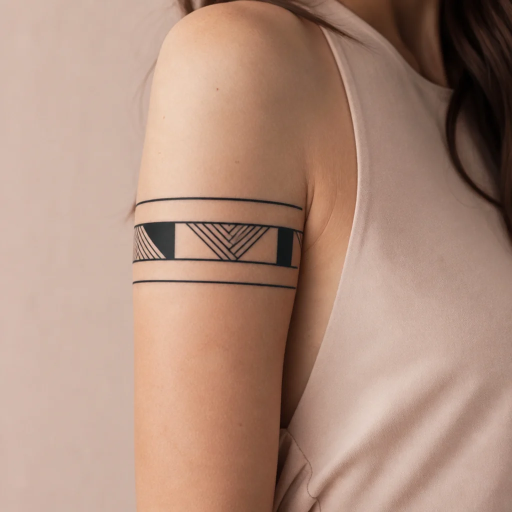 Minimal geometric line-band cover-up tattoo mixing solid and thin bands wrapping a woman's upper arm