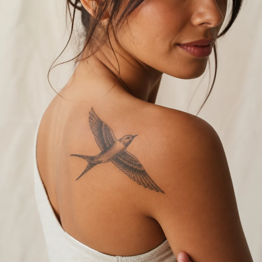 Silhouette of a bird in flight cover-up tattoo with solid shaded wings in soft black on a woman's shoulder