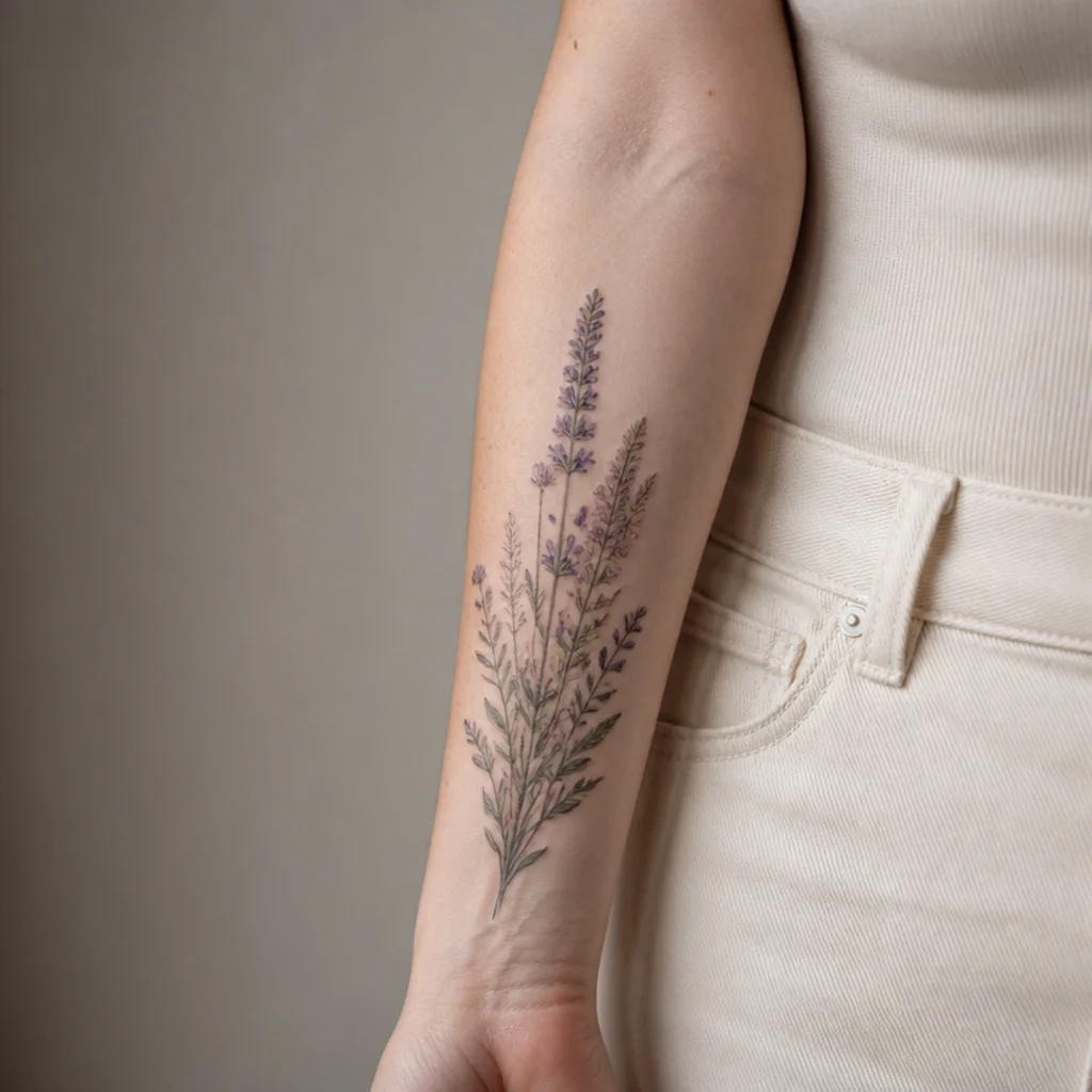 Lavender and mixed wildflower stem cover-up tattoo in muted purple and sage tones on a woman's inner forearm