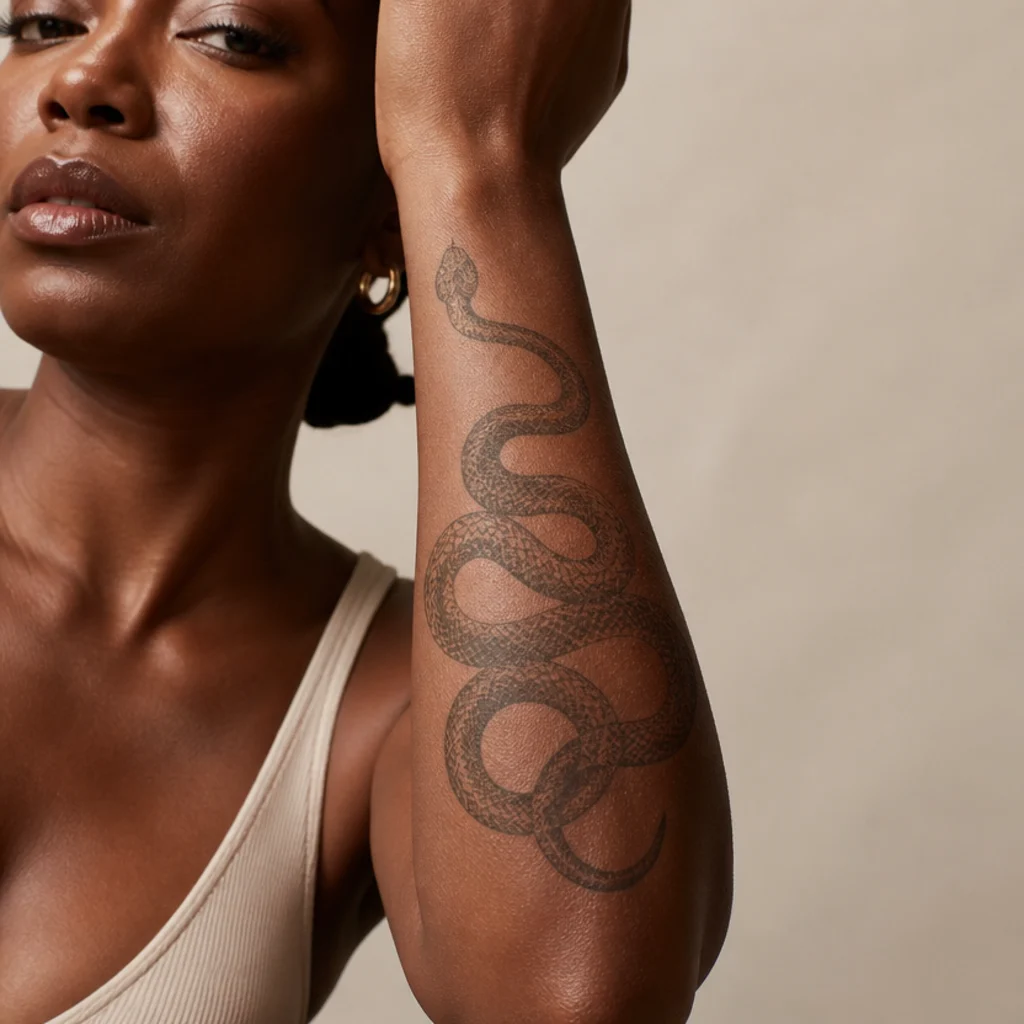 Coiled dark serpent cover-up tattoo with detailed scale shading winding along a woman's forearm
