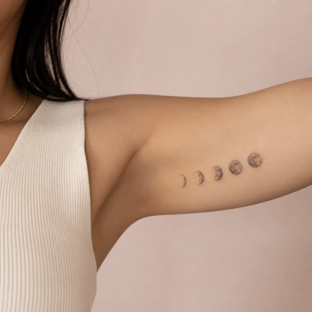 Row of small moon phase cover-up tattoos alternating solid full moons and fine crescents on a woman's inner arm