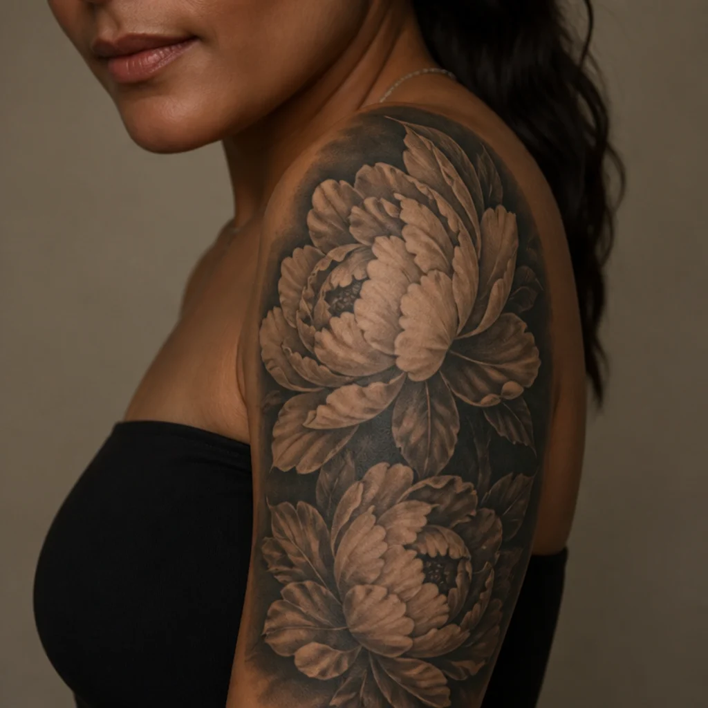 Large peony cover-up tattoo blending into a soft smoke-shaded blackout section on a woman's upper arm