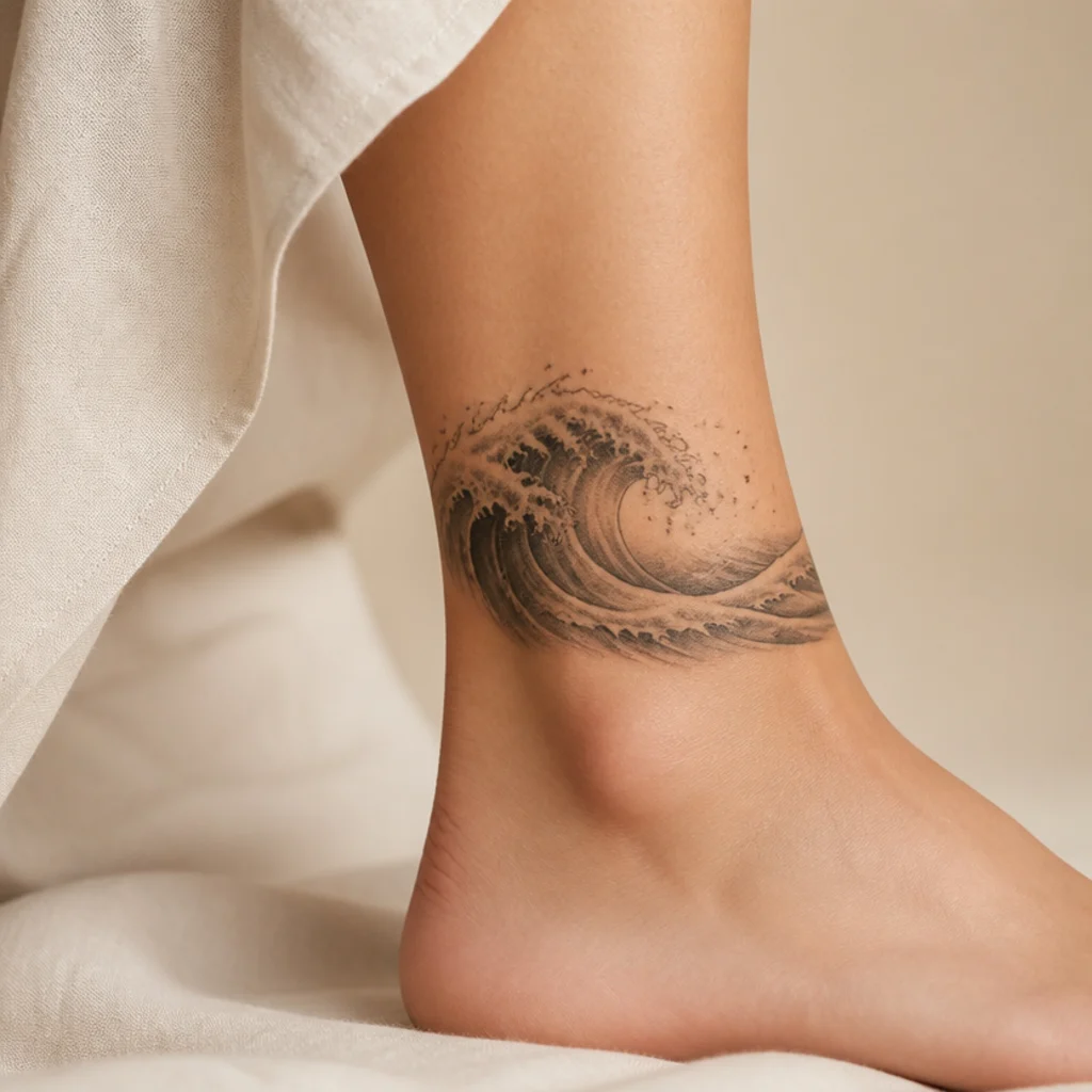 Stylized ocean wave curl cover-up tattoo in black-and-gray with a solid crest and fine spray on a woman's ankle