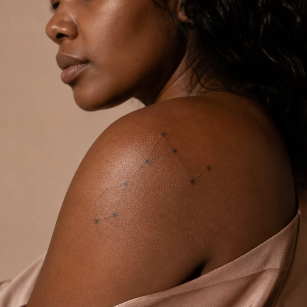 Delicate constellation dotwork cover-up tattoo connecting small solid stars with fine lines on a woman's shoulder