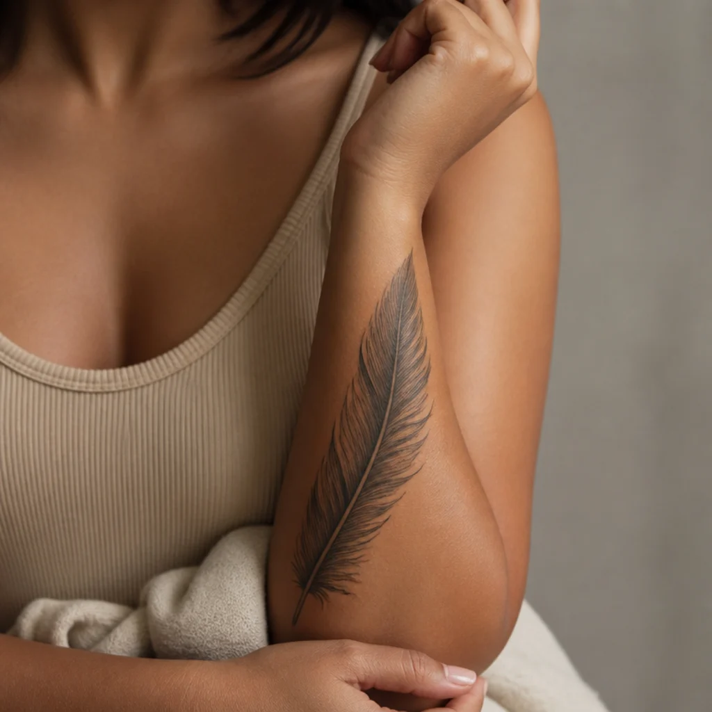 Detailed feather cover-up tattoo with a dense shaded quill and soft gray barbs on a woman's forearm