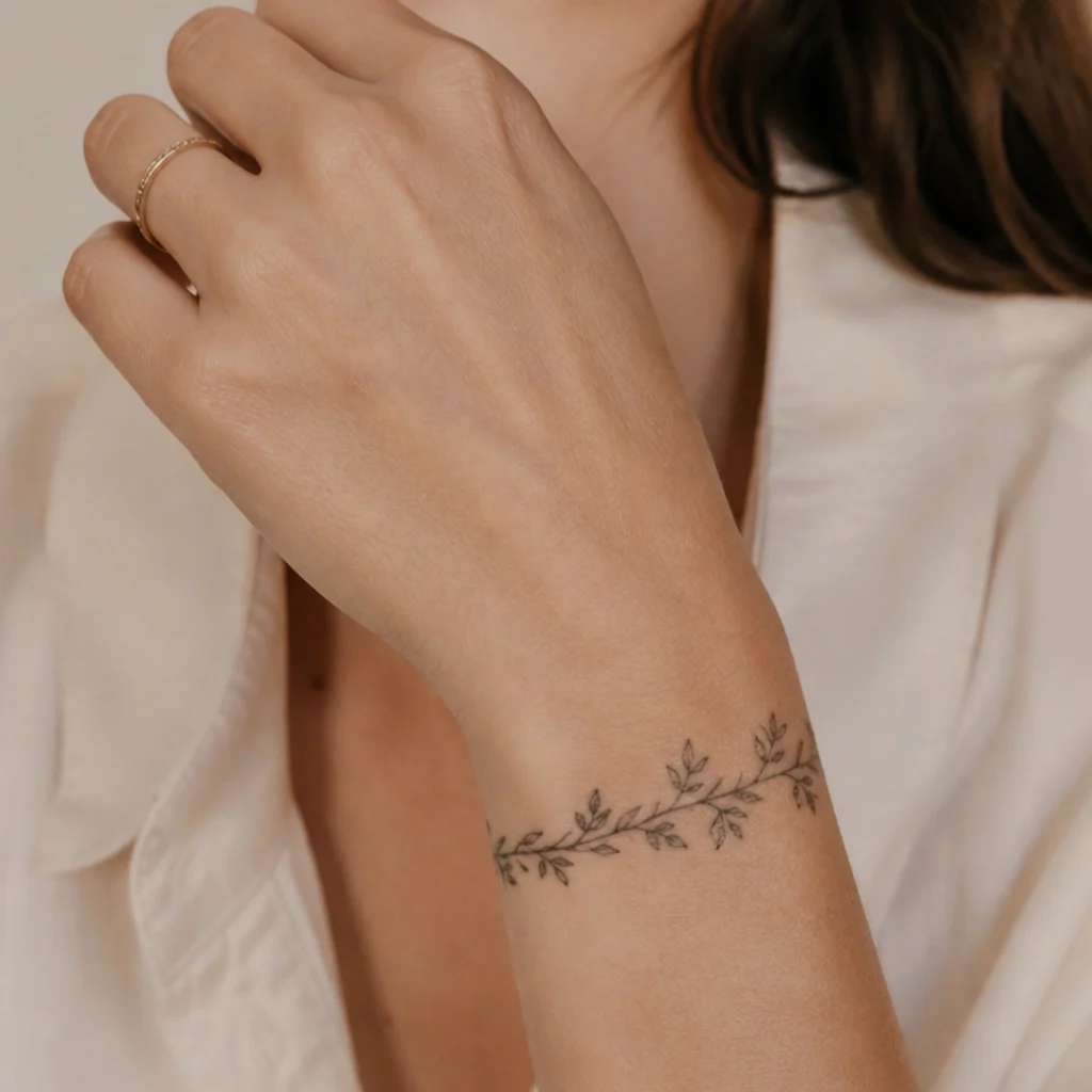 Thin vine wrap cover-up tattoo with small leaf clusters circling a woman's wrist like a bracelet