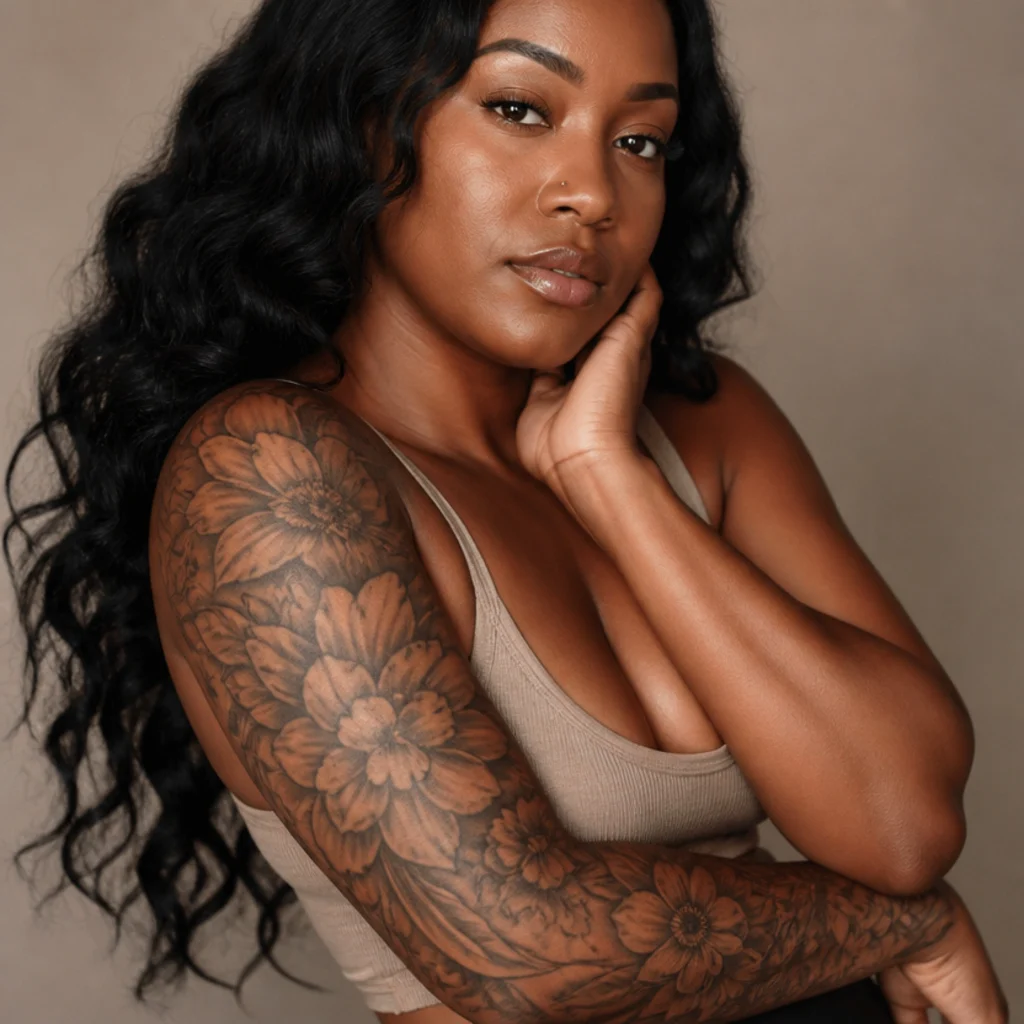 Flowing half-sleeve cover-up tattoo blending layered florals, shading and negative space down a woman's arm