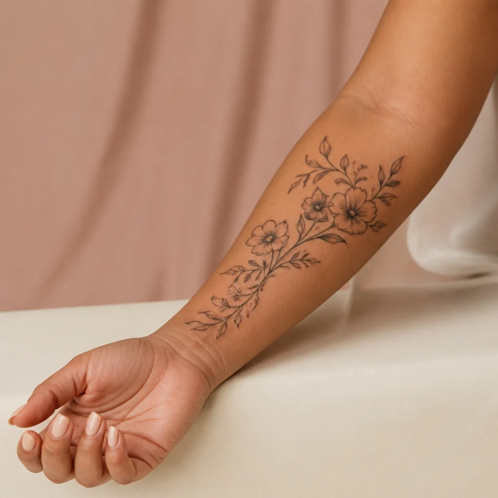 Woman's forearm showing a script name reworked into a flowing floral cover-up tattoo in soft studio light