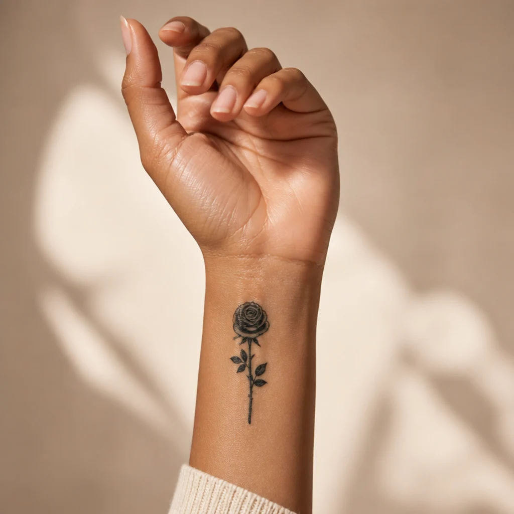 Small solid black rose cover up tattoo on a woman's inner wrist with fine stem detail concealing a faded outline on a warm ivory background