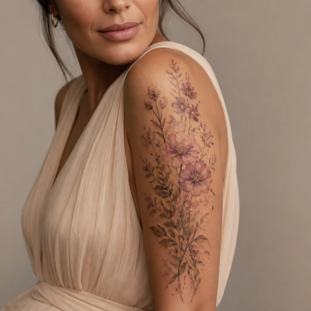 Soft watercolor wildflower cover up tattoo in blush and violet tones over pale existing ink on a woman's upper arm