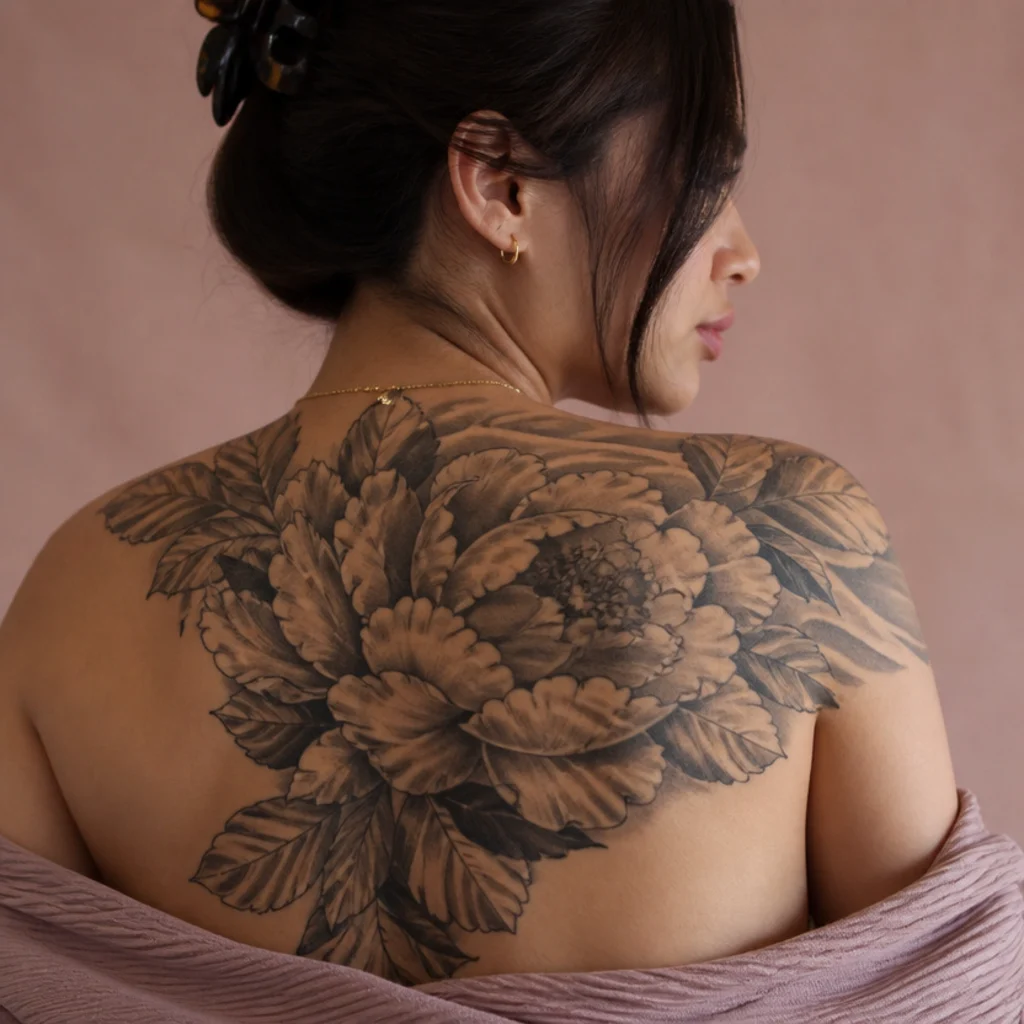 Large bold peony cover up tattoo with deep layered shading spanning a woman's shoulder and upper back over an older design