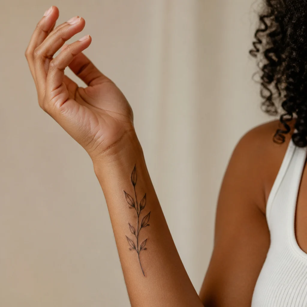 Fine line botanical sprig cover up tattoo with slim leaves running along a woman's inner forearm over faint older ink