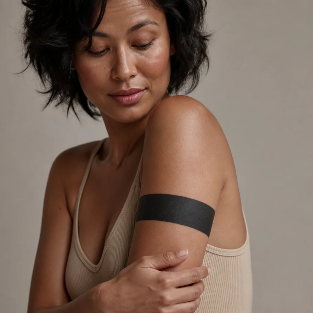 Solid black band cover up tattoo wrapping a woman's upper arm with clean saturated edges over old lettering