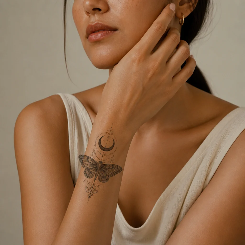 Detailed moth and crescent moon cover up tattoo in soft black shading over an older design on a woman's forearm