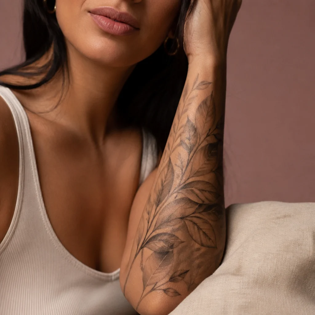 Layered leaf and branch cover up tattoo beginning a half sleeve on a woman's forearm over an existing tattoo