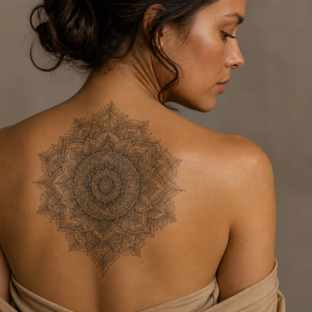 Symmetrical geometric mandala cover up tattoo with fine dot work over an older design on a woman's shoulder blade