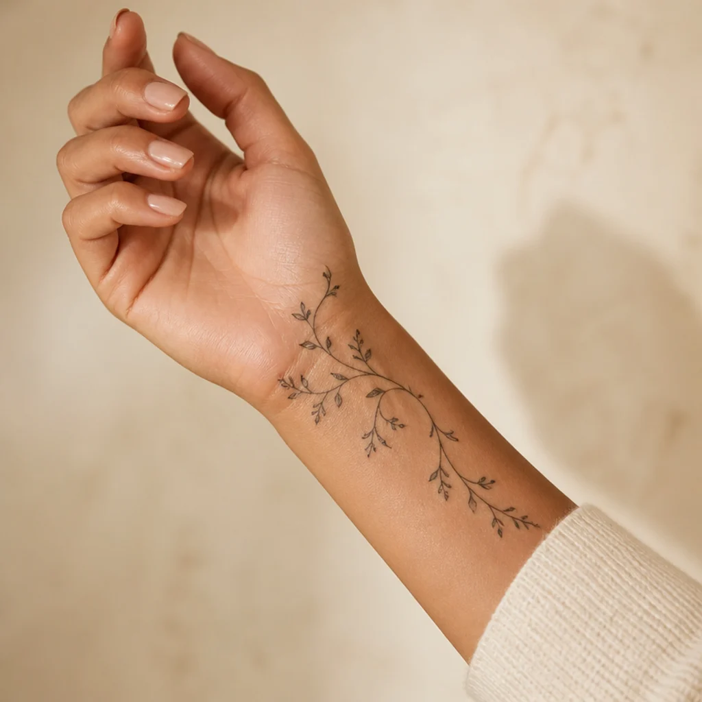 Cover up tattoo transforming an old name into a flowing vine with small leaves on a woman's wrist