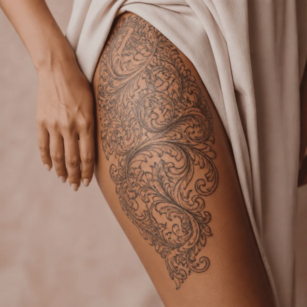Ornamental filigree cover up tattoo with swirling black detail along a woman's outer thigh over an older piece