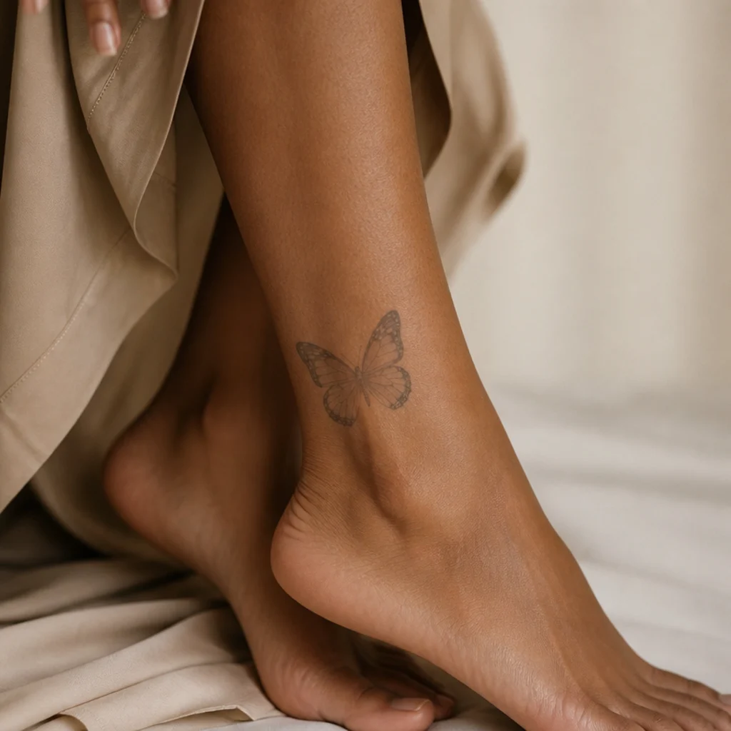 Small soft-shaded butterfly cover up tattoo on a woman's ankle with delicate wing detail over a faded design