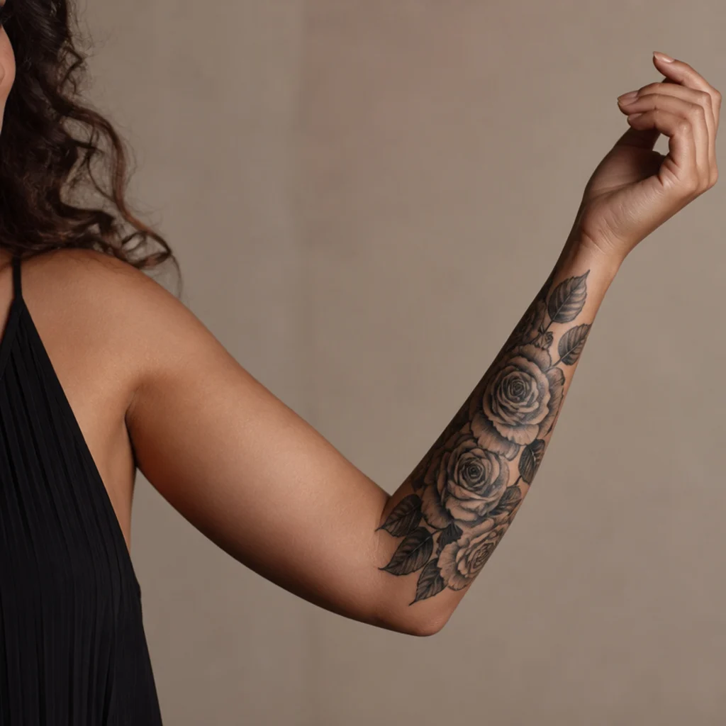 Cover up tattoo of dark roses and leaves concealing old lettering on a woman's inner forearm