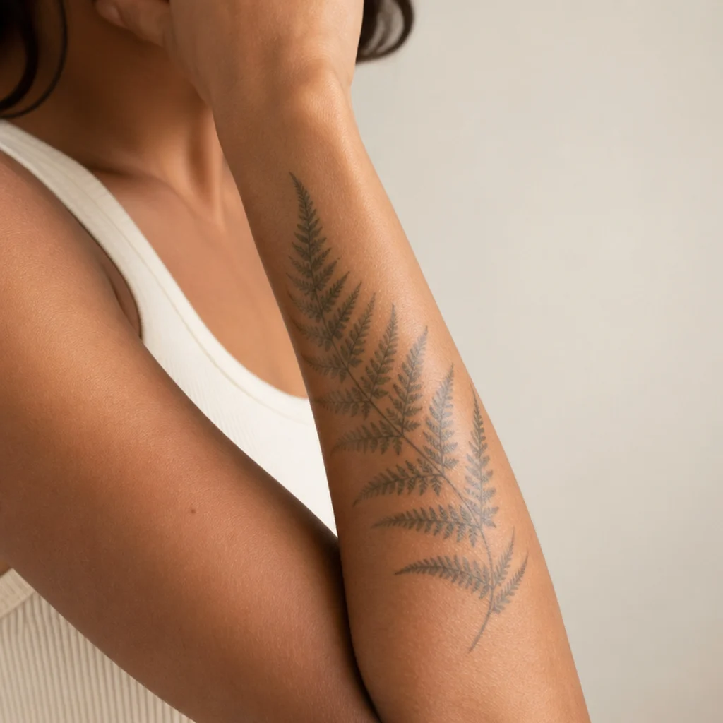 Soft fern cover up tattoo arching alongside a faint healed scar on a woman's forearm
