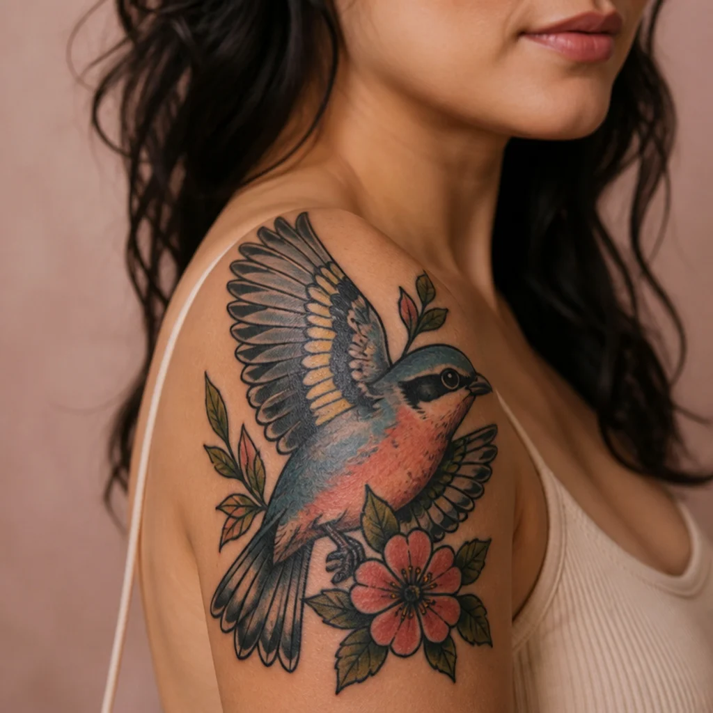 Neo-traditional songbird cover up tattoo with bold outline and rich saturated color on a woman's shoulder