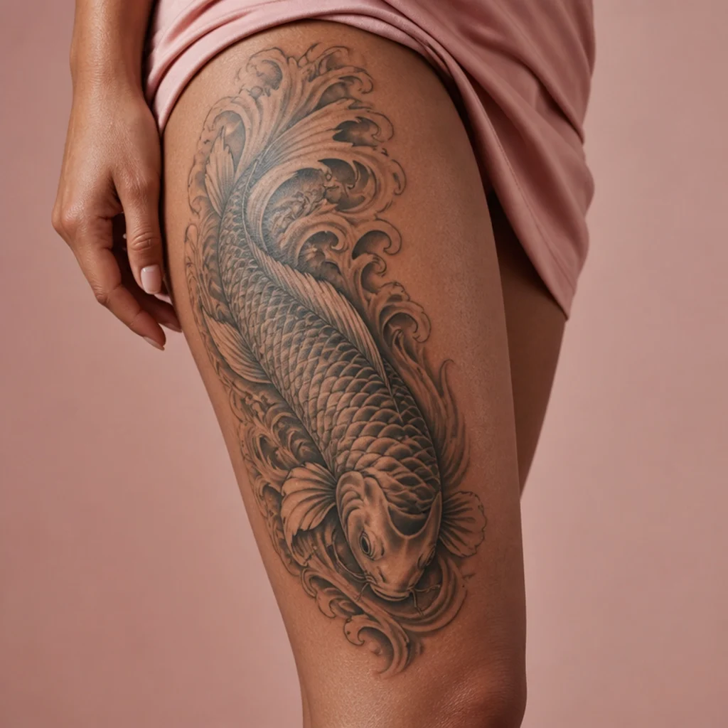 Cover up tattoo of a koi fish among flowing water in soft black shading over an older design on a woman's outer thigh