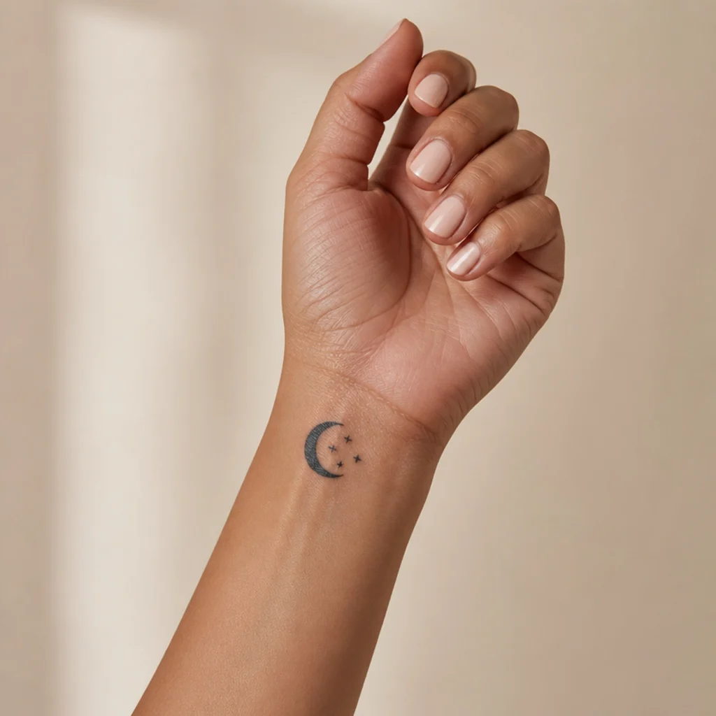 Small crescent moon and star cover up tattoo in soft black over a modest old design on a woman's wrist