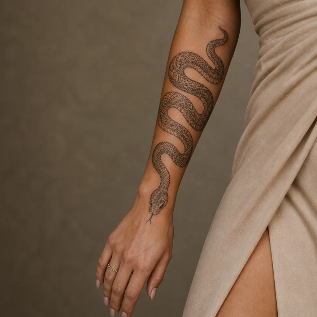 Ornate snake cover up tattoo winding around a woman's forearm with patterned scales over an existing tattoo