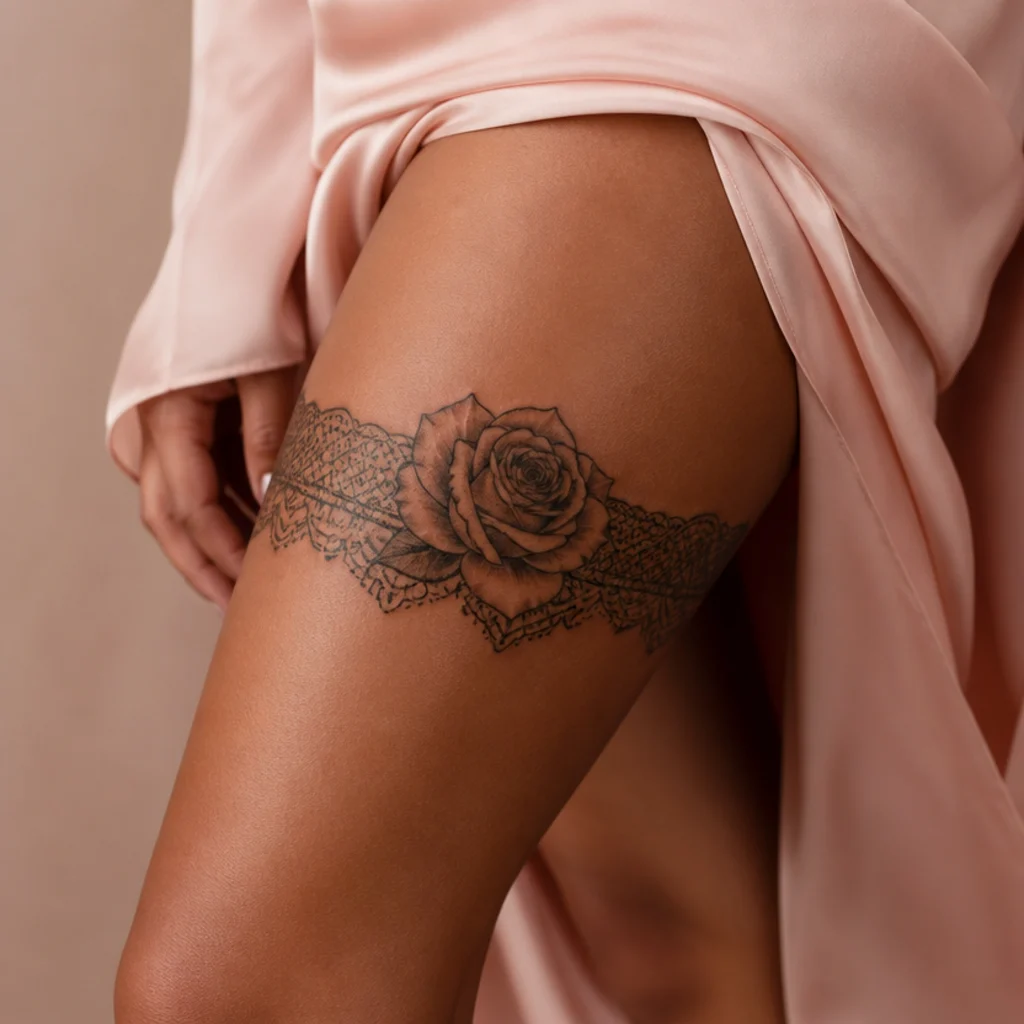 Rose and lace garter-style cover up tattoo wrapping a woman's thigh with delicate detail over an older piece