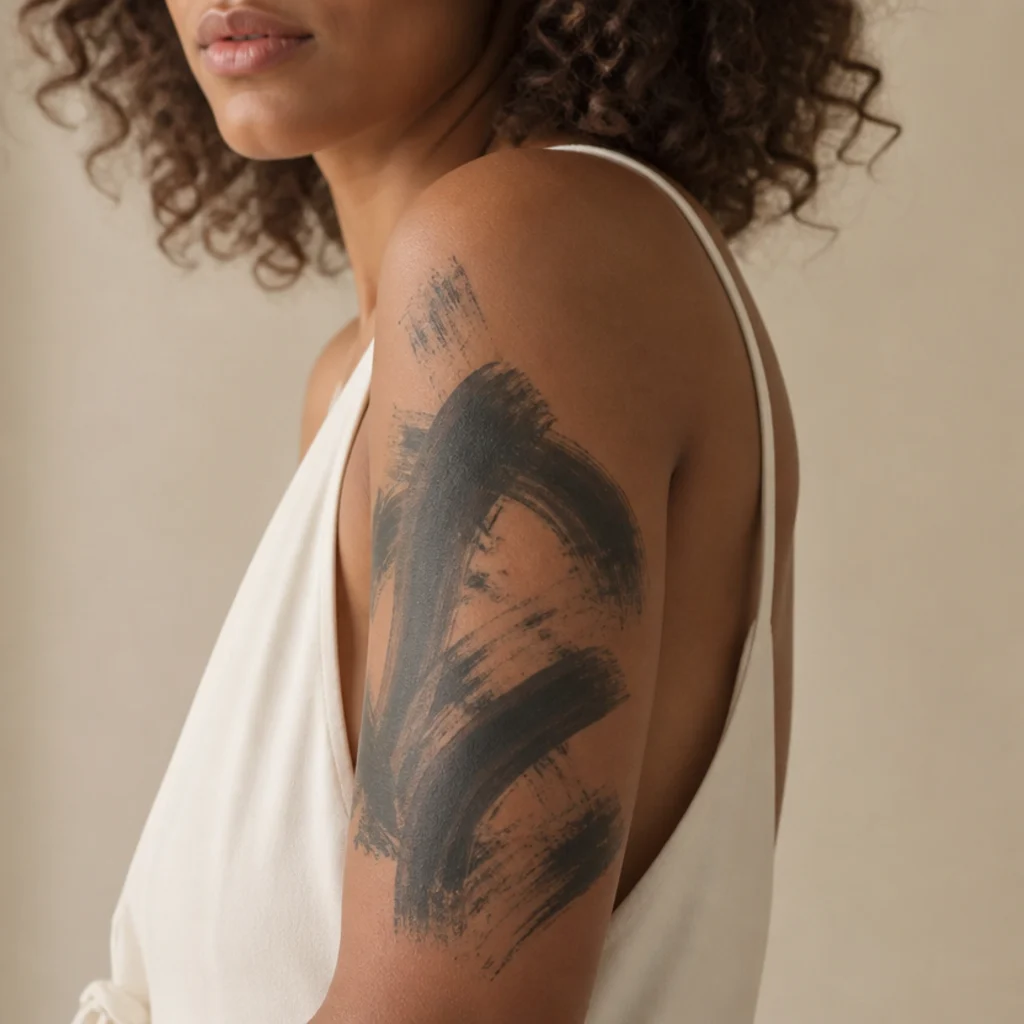 Abstract black brushstroke cover up tattoo with textured edges over an old design on a woman's upper arm
