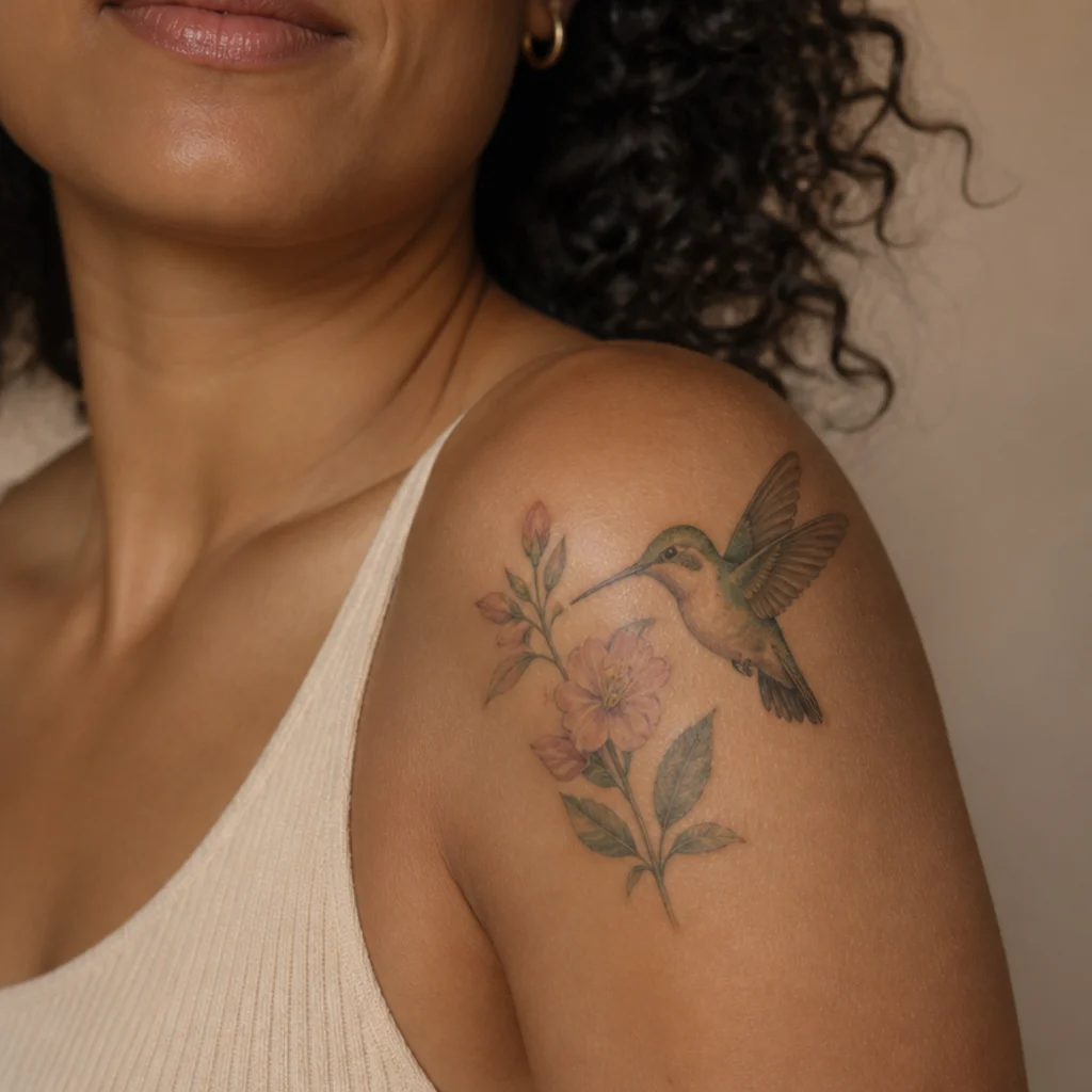 Hummingbird and small blooms cover up tattoo in soft saturated color over a modest older design on a woman's shoulder