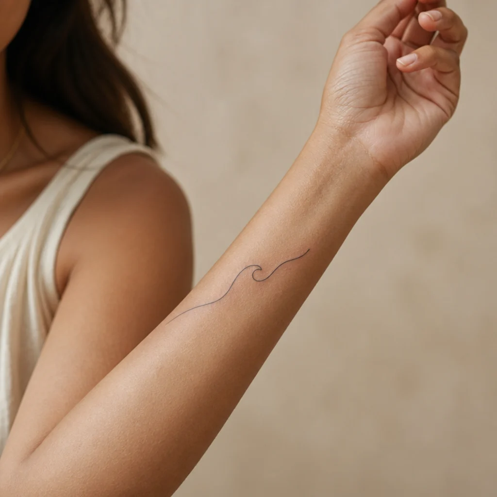 Minimalist single-line wave cover up tattoo over nearly removed ink along a woman's inner forearm