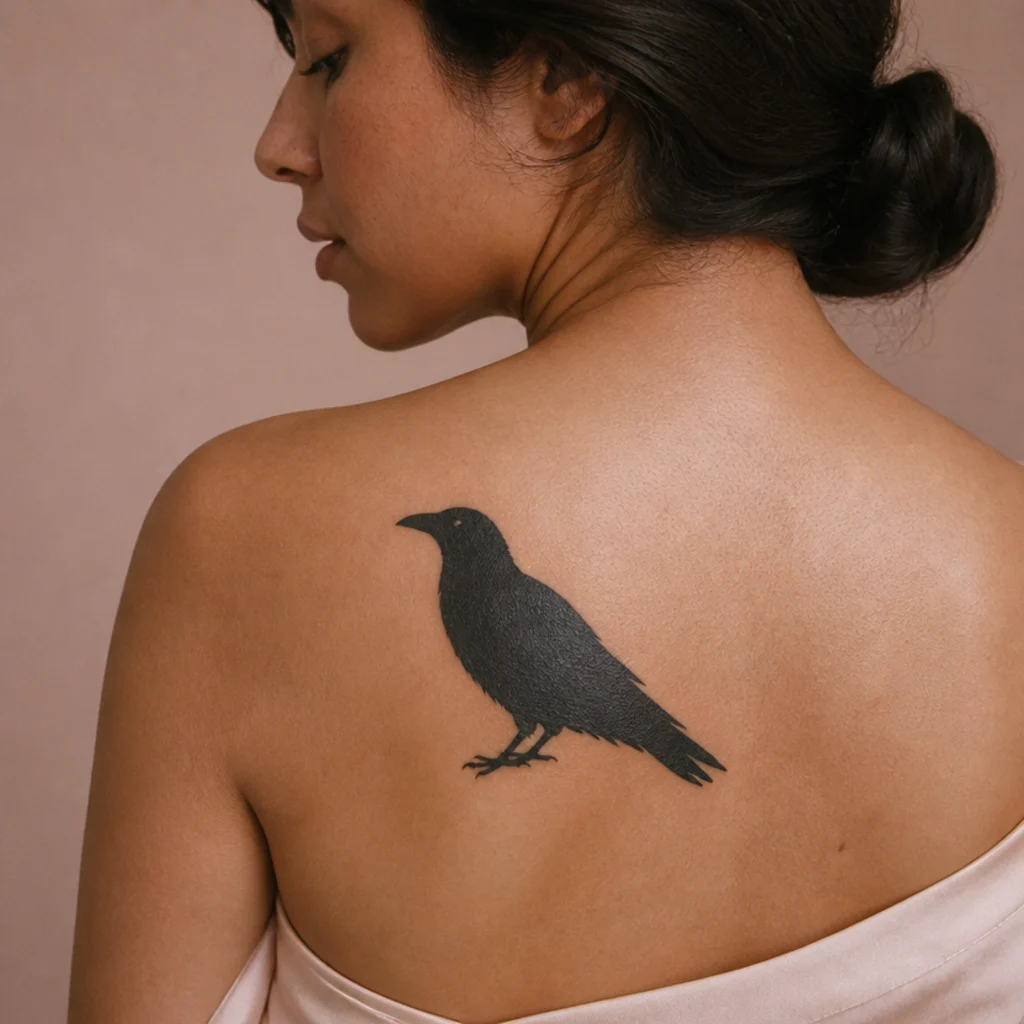 Solid blackwork raven silhouette cover up tattoo over an older design on a woman's shoulder blade