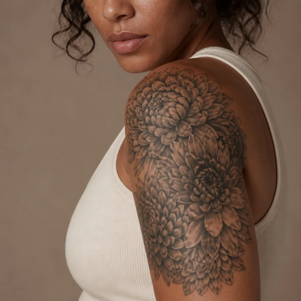 Cluster of layered chrysanthemums cover up tattoo with dense petals over an older design on a woman's upper arm