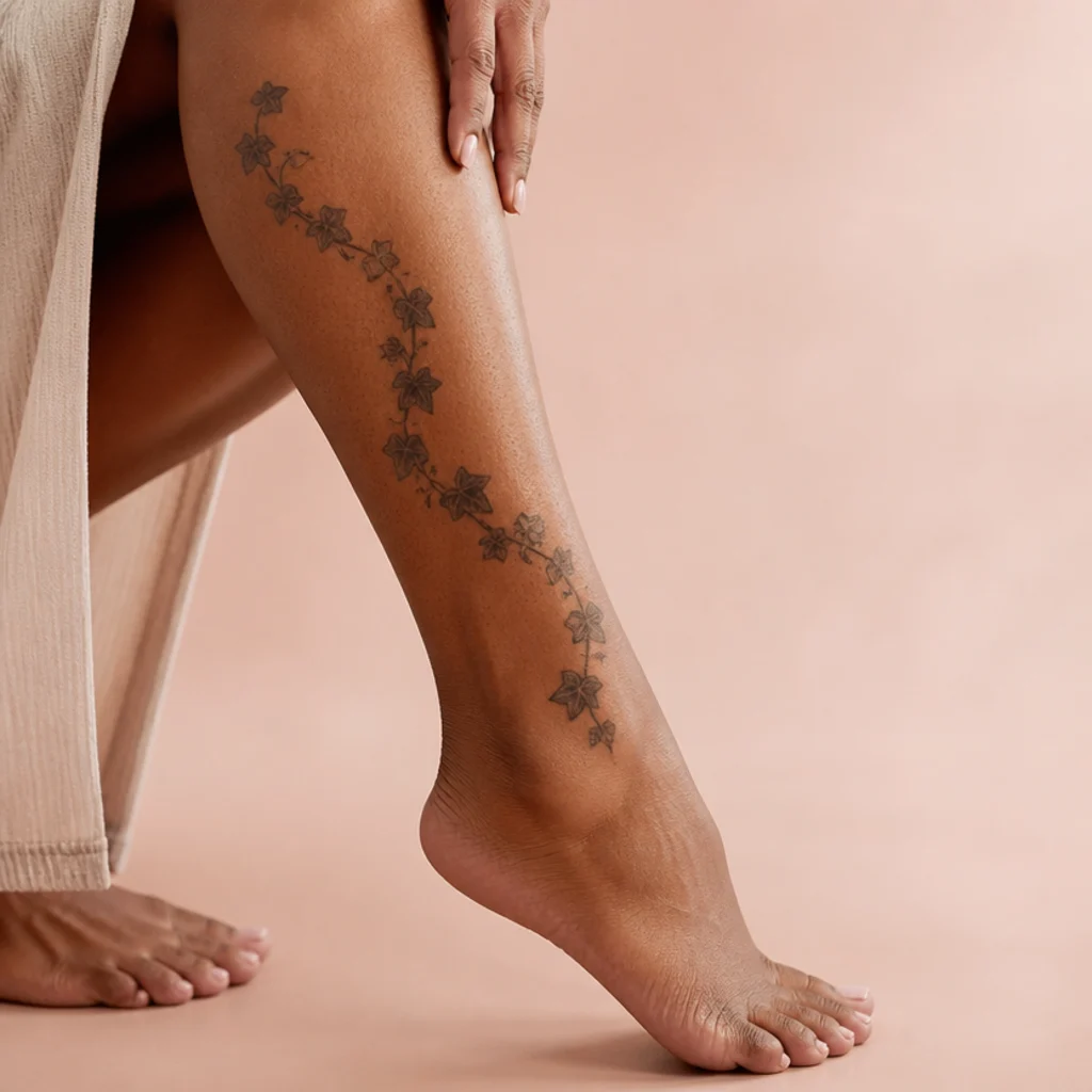 Trailing ivy cover up tattoo curving gently around a healed scar on a woman's calf