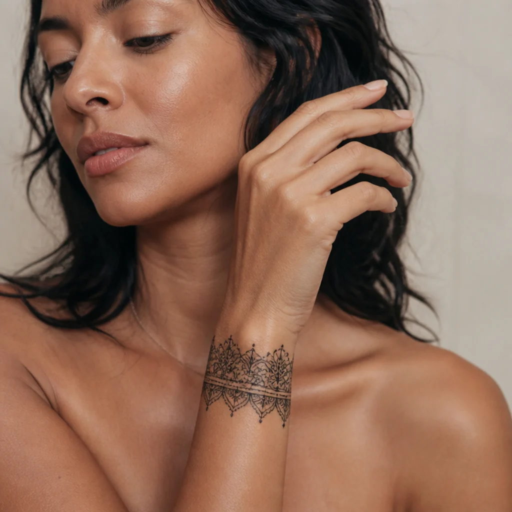 Ornamental lace cuff cover up tattoo encircling a woman's wrist with fine black detail over an old design