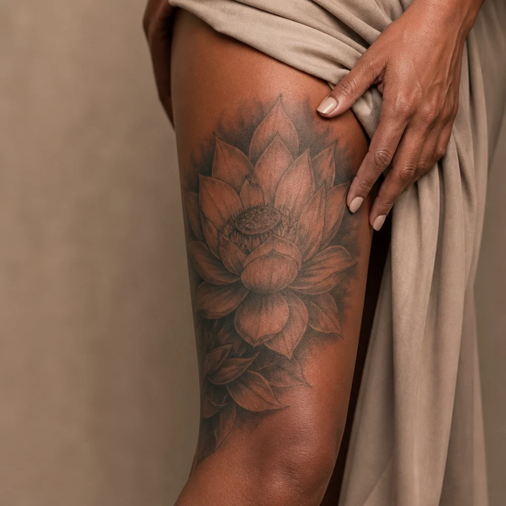 Bold lotus flower cover up tattoo with layered petals and deep shading over an older design on a woman's thigh