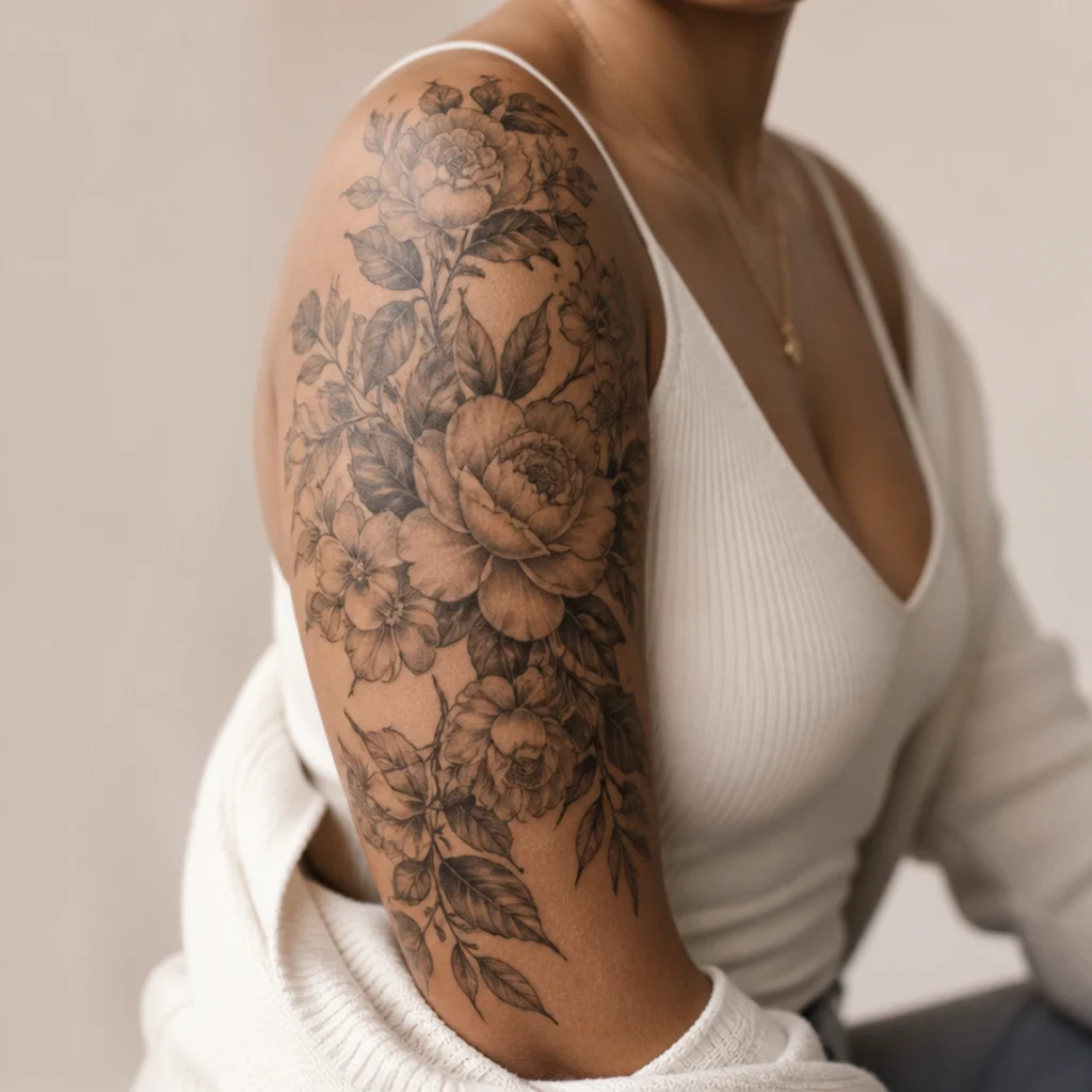 Large full botanical cover up tattoo with layered flowers and foliage over heavily saturated old ink across a woman's upper arm